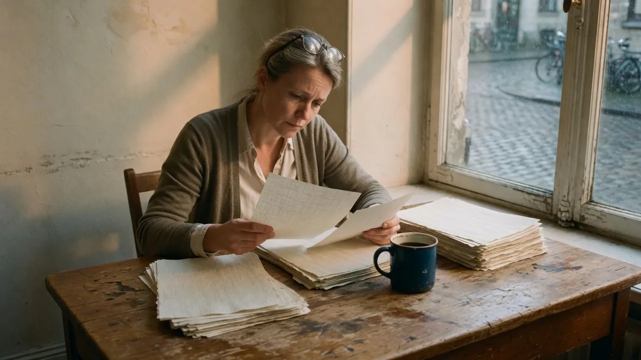 A reviewer reading blank linen papers at an oak desk with one navy-teal mug