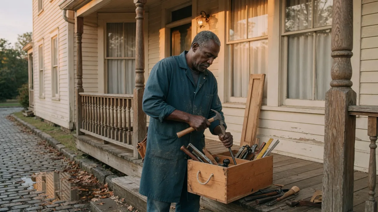 Carpenter in a navy-teal smock packing tools on a cream-clapboard porch