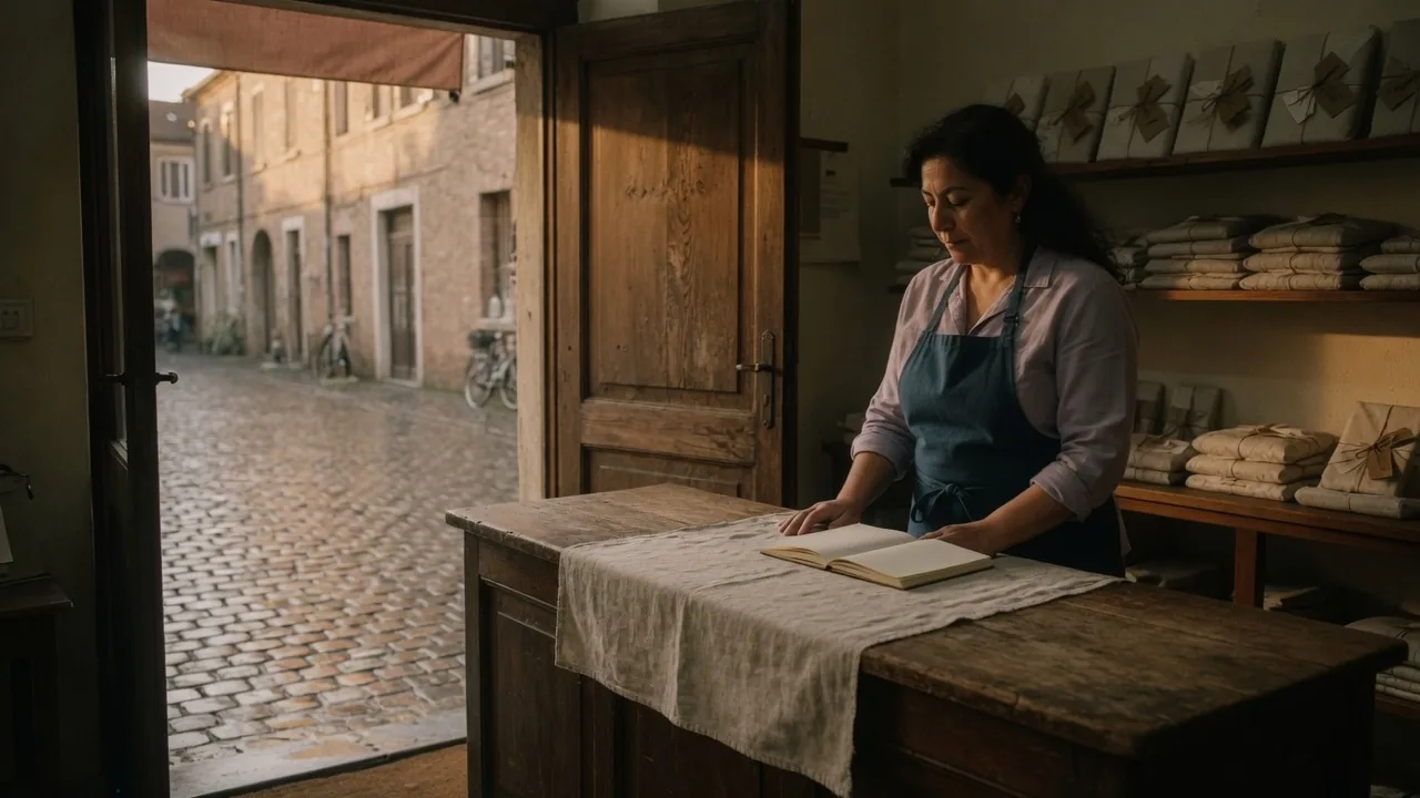 Shopkeeper at an oak counter looking out to a cobblestone street, navy-teal apron