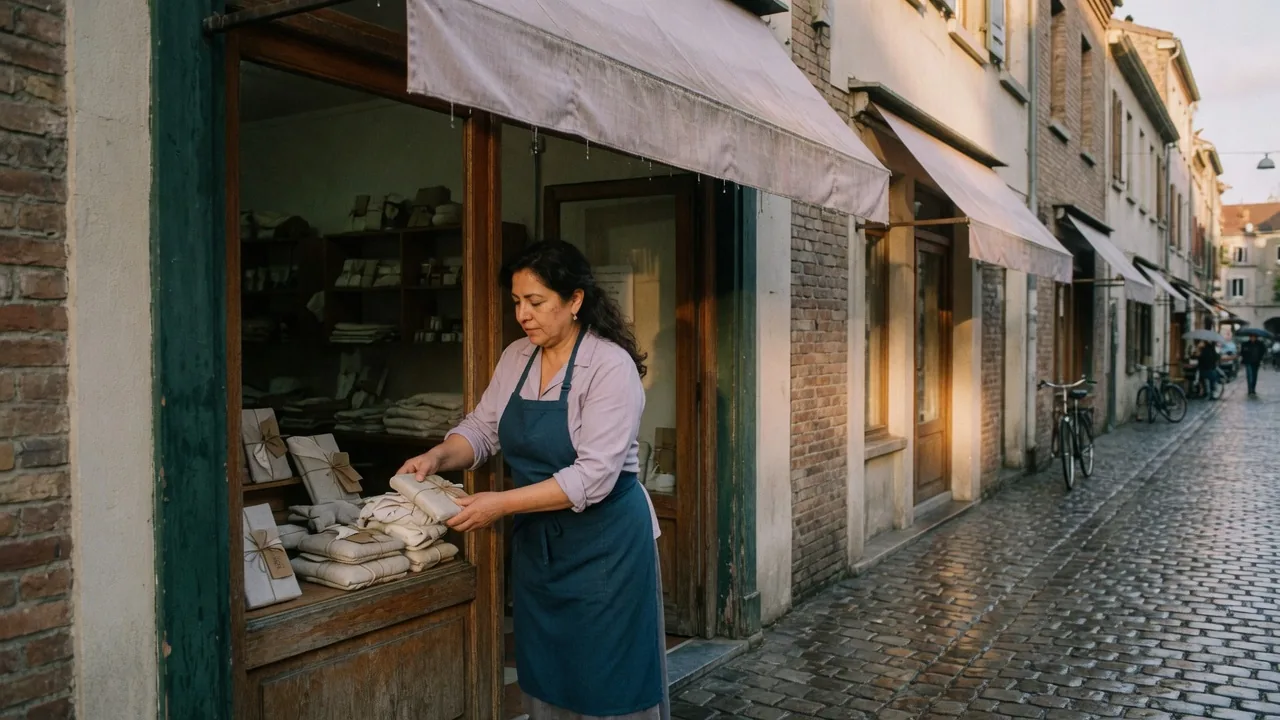 Shopkeeper in a navy-teal apron arranging linen parcels in a cobblestone shop doorway