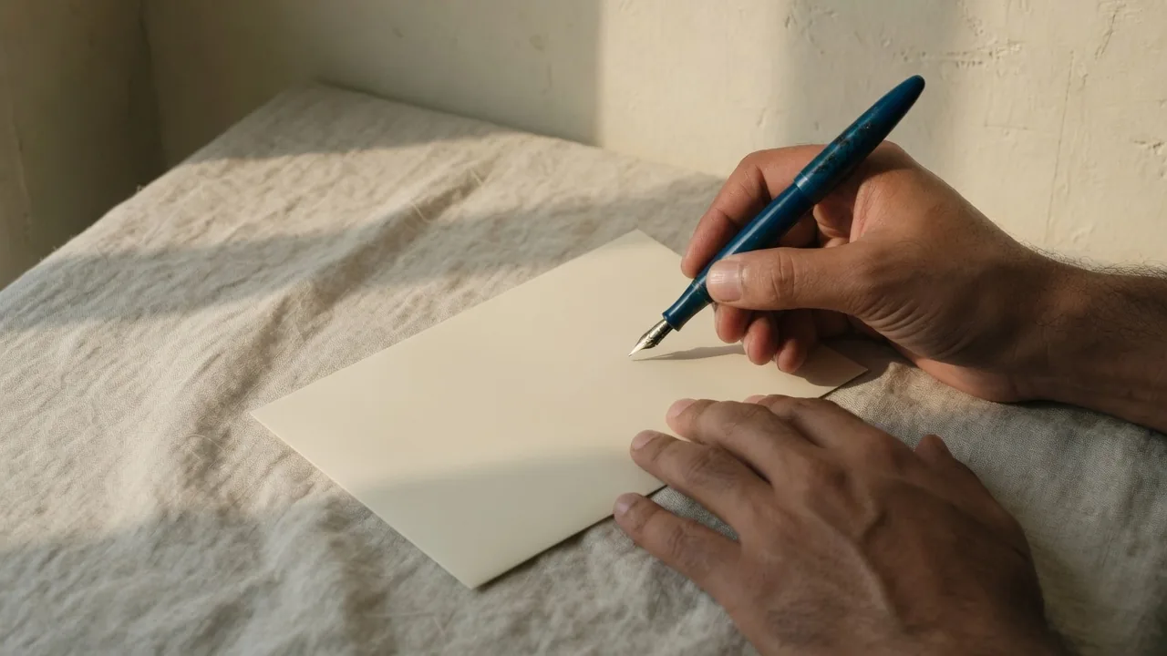 Hands with a navy-teal fountain pen over a blank cream envelope on linen