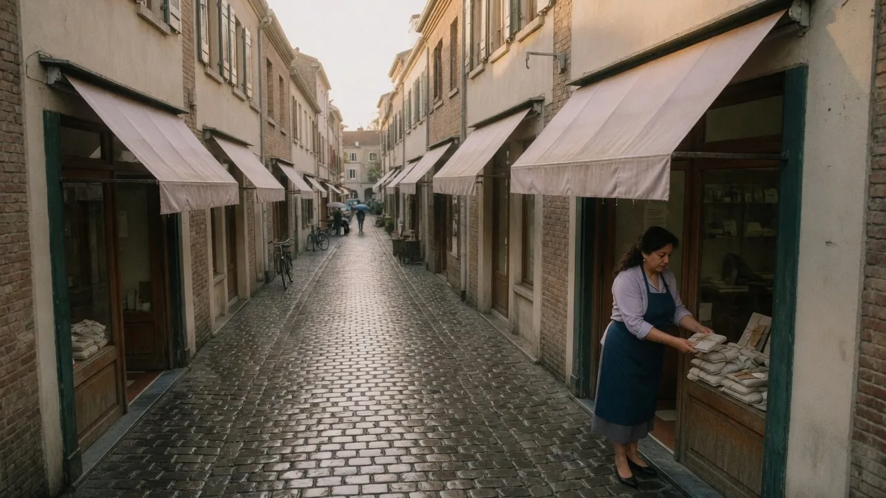 Looking down a cobblestone street of independent shops as a shopkeeper arranges parcels